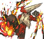  claws fighting_stance fire fur gen_3_pokemon green_eyes highres mega_blaziken mega_pokemon nameo_(judgemasterkou) no_humans pokemon pokemon_(creature) solo standing standing_on_one_leg talons yellow_sclera 