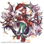  &gt;_&lt; 1girl antlers blush brown_hair christmas christmas_ornaments closed_mouth copyright_name dress full_body gift green_pantyhose hat holding holding_gift horns myuuni_(othellonia) official_art othellonia pantyhose pointy_ears red_dress sack santa_costume santa_dress santa_hat short_hair so-taro solo tail 
