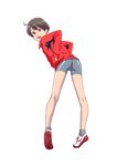  ahoge ass bare_legs bike_shorts brown_eyes brown_hair full_body jacket kaburagi_yuki nike original shoes short_hair simple_background sneakers solo track_jacket white_background 