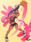  bike_shorts bracelet colo_(nagrolaz) crop_top crop_top_overhang dark_skin domino_mask fangs flat_chest full_body highres inkbrush_(splatoon) inkling jewelry long_hair mask midriff navel open_mouth oversized_object paint paint_splatter paintbrush pink_eyes pink_hair pointy_ears shirt shoes short_hair_with_long_locks sidelocks sneakers solo splatoon_(series) splatoon_1 t-shirt tentacle_hair 