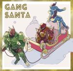  1girl 2girls christmas destra_majjo dogranio_yaboon dress goche_ru_medou gold_border green_arm group_picture hat kaitou_sentai_lupinranger_vs._keisatsu_sentai_patranger multiple_girls red_dress red_hat safe_(container) santa_costume santa_dress santa_hat simple_background sitting sleigh super_sentai tokusatsu tooduki_kichi white_background 