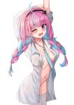  1girl absurdres ahoge anchor_hat_ornament aqua_hair aqua_necktie arm_up black_hairband blush braid breasts collarbone colored_inner_hair commentary dated_commentary hairband hat_ornament highres hololive large_breasts long_hair long_sleeves looking_at_viewer minato_aqua multicolored_hair navel necktie one_eye_closed open_clothes open_mouth open_shirt pink_eyes pink_hair rate_aato shirt simple_background solo stomach streaked_hair stretching thighhighs thighs twin_braids twintails two-tone_hair virtual_youtuber white_background white_shirt white_thighhighs 