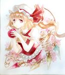  acrylic_paint_(medium) apple ascot bad_id bad_pixiv_id bird birdcage blonde_hair cage cherry_blossoms flandre_scarlet food frills fruit hat hat_ribbon keiko_(mitakarawa) looking_at_viewer mob_cap puffy_short_sleeves puffy_sleeves red_eyes ribbon shikishi short_hair short_sleeves side_ponytail simple_background skirt skirt_set solo touhou traditional_media watercolor_(medium) white_background wings 