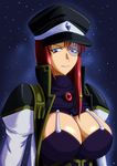  1girl blue_eyes breasts cleavage cleavage_cutout forte_stollen galaxy_angel huge_breasts large_breasts looking_at_viewer monocle red_hair smile solo space 