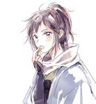  blue_eyes blush bridal_gauntlets eating haori high_ponytail japanese_clothes male_focus mole mole_under_eye nuriko-kun open_mouth purple_hair scarf solo touken_ranbu upper_body white_background white_scarf yamato-no-kami_yasusada 