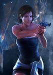  backlighting brown_hair clothes_around_waist fire gun highres jill_valentine realistic resident_evil resident_evil_3 solo sparks strapless sweat thezentlion weapon 