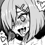  ahegao blush close-up commentary cropped full-face_blush greyscale hair_ornament hair_over_one_eye hairclip hamakaze_(kantai_collection) heart heart-shaped_pupils implied_sex kantai_collection lowres monochrome open_mouth saliva short_hair sketch solo spoken_heart sweat symbol-shaped_pupils triple-q 