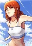  1girl armpits blue_sky cissnei crisis_core_final_fantasy_vii final_fantasy final_fantasy_vii hananon midriff navel orange_eyes orange_hair short_hair sky solo swimsuit upper_body water 