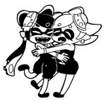  2girls :d bare_shoulders bkub bow-shaped_hair callie_(splatoon) callie_(squid_sisters_outfit)_(splatoon) closed_eyes cousins detached_collar dress earrings fangs food food_on_head greyscale hug inkling jewelry leg_up lineart long_hair marie_(splatoon) marie_(squid_sisters_outfit)_(splatoon) mole mole_under_eye monochrome multiple_girls object_on_head open_mouth pointy_ears short_dress short_eyebrows short_hair short_jumpsuit simple_background smile splatoon_(series) splatoon_1 standing standing_on_one_leg strapless strapless_dress teeth tentacle_hair white_background 