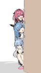  absurdres anchor_(innocent_maid)_(nikke) anchor_(nikke) blue_eyes blue_hair breasts cleavage goddess_of_victory:_nikke hair_between_eyes hair_intakes helm_(aqua_marine)_(nikke) helm_(nikke) highres horns hyuiil365 mast_(nikke) mast_(romantic_maid)_(nikke) mechanical_horns open_mouth peeking_out pink_hair sandals swimsuit 