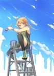  ahoge black_legwear brown_eyes brown_hair cloud day fu-ta holding ladder original overalls paint_can paintbrush shoes sitting sky sleeveless smile solo thighhighs trim_brush twintails usami_taiga wristband 