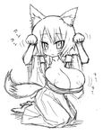  1girl animal_ears arekishi blush breasts cleavage fox_ears huge_breasts monochrome translation_request 