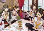  4girls :o ;d ahoge boots cat chair couch cup curtains dessert detached_sleeves food fork frilled_skirt frills glasses hair_ornament hairband haruna_(kantai_collection) headgear hiei_(kantai_collection) highres indoors japanese_clothes kantai_collection kirishima_(kantai_collection) kongou_(kantai_collection) konishi_(koconatu) multiple_girls name_tag nontraditional_miko official_art one_eye_closed open_mouth ribbon-trimmed_sleeves ribbon_trim saucer scan skirt smile sparkle table tea_stand teacup teapot thigh_boots thighhighs tiered_tray tray v-shaped_eyebrows white_cat wide_sleeves window zettai_ryouiki 
