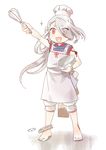  alternate_costume anklet apron bangle barefoot bracelet chef_hat commentary_request eyes_visible_through_hair full_body hair_over_one_eye hat ima-no-tsurugi jewelry long_hair male_focus mixing_bowl mizuhara_aki open_mouth red_eyes solo sparkle standing toque_blanche touken_ranbu very_long_hair whisk white_background 