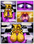 absurd_res animatronic anthro avian big_breasts big_penis bird breast_play breasts chica_(fnaf) chicken comic duo eyes_closed fellatio female five_nights_at_freddy&#039;s galliform gallus_(genus) genitals hi_res human humanoid irc_(artist) machine male male/female mammal nipples oral penile penis phasianid pink_eyes purple_body purple_eyes purple_guy_(fnaf) robot scottgames sex speech_bubble text titfuck tongue