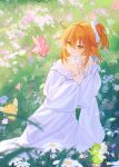  1girl absurdres blush choker collarbone commentary dress eyelashes fairy fate/grand_order fate_(series) field flower flower_field fujimaru_ritsuka_(female) hair_between_eyes hair_ribbon highres light_(nightty45) long_hair long_sleeves one_side_up orange_eyes orange_hair outdoors ribbon side_ponytail smile symbol-only_commentary white_choker white_dress 