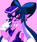  aori_(splatoon) bad_id bad_tumblr_id breasts character_name cleavage detached_collar domino_mask dress earrings food food_on_head gloves jewelry long_hair mask mole object_on_head open_mouth pointy_ears purple purple_skin ramchild red_eyes slit_pupils small_breasts solo splatoon_(series) splatoon_1 sushi tentacle_hair white_gloves 
