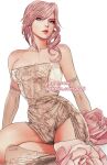  1girl bare_shoulders breasts cleavage curtained_hair dated dress english_commentary final_fantasy final_fantasy_xiii flower hair_between_eyes lightning_farron long_hair parted_bangs pink_flower pink_hair pink_rose rose simple_background sitting sleeveless solo vhyrel wavy_hair web_address white_background 