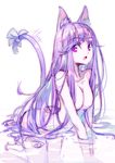  animal_ears artist_name bow breasts cat_ears cat_tail cleavage fang hong_(white_spider) large_breasts long_hair looking_at_viewer nude open_mouth original partially_submerged pink_eyes pink_hair solo tail tail_bow water 