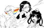  3girls blush braid braided_hair_rings breasts choker cleavage crossover crying hair_rings highres itadori_kaori jujutsu_kaisen kenjaku kill_la_kill kiryuuin_ragyou large_breasts looking_at_viewer magi_the_labyrinth_of_magic medium_hair monochrome multicolored_hair multiple_crossover multiple_girls open_mouth own_hands_together qing727786 rainbow_hair ren_gyokuen scar scar_on_face scar_on_forehead short_hair simple_background smile smirk spot_color trait_connection white_background xiao_guan_(headdress) 
