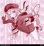  alternate_costume alternate_hairstyle anchor bunny cannon commentary_request cosplay dress hat kantai_collection machinery monochrome numbered one_eye_closed pink sailor_dress sailor_hat sazanami_(kantai_collection) short_hair smile solo sumeragi_hamao turret twitter_username z3_max_schultz_(kantai_collection) z3_max_schultz_(kantai_collection)_(cosplay) 