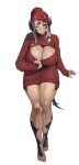  1girl absurdres au_ra barefoot blush breasts cleavage cleavage_cutout closed_mouth clothes_pull clothing_cutout commission dragon_horns dragon_tail final_fantasy final_fantasy_xiv full_body highres horns large_breasts looking_at_viewer one_eye_closed ponytail red_hair red_sweater scales seventeencrows simple_background sitting smile solo sweater sweater_pull tail tan toes warrior_of_light_(ff14) white_background 