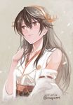  bare_shoulders black_hair blush brown_eyes closed_mouth dated detached_sleeves hair_ornament hairband hairclip haruna_(kantai_collection) headgear kantai_collection long_hair nontraditional_miko ribbon-trimmed_sleeves ribbon_trim smile solo tomozo_kaoru twitter_username upper_body 