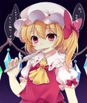  :d \(^o^)/ ascot blonde_hair blood blood_drip bloody_clothes bloody_knife bloody_teeth bow empty_eyes fang flandre_scarlet frilled_shirt_collar frills hair_bow haruki_(colorful_macaron) hat knife large_bow licking licking_weapon looking_at_viewer mob_cap open_mouth puffy_short_sleeves puffy_sleeves red_eyes short_hair short_sleeves side_ponytail skirt skirt_set slit_pupils smile solo teeth touhou translation_request vest wings yandere 