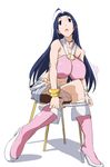  ahoge bad_id bad_pixiv_id blue_hair blush boots breasts dress dressing fishnets huge_breasts idolmaster idolmaster_(classic) knee_boots long_hair midriff miura_azusa open_mouth panties pink_diamond_765 pink_footwear red_eyes shino_(comic_penguin_club) solo underwear 