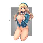  areola_slip areolae atago_(kantai_collection) bad_id bad_pixiv_id blonde_hair bottomless bow breasts covered_nipples flying_button green_eyes hat kantai_collection kneeling large_breasts long_hair looking_to_the_side no_bra open_clothes popped_button pussy smile solo wardrobe_malfunction yuniwa 