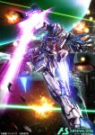  bandai battle beam_cannon char&#039;s_counterattack commentary_request energy energy_beam explosion exposed_internal_machinery glowing gundam gundam_arsenal_base igaraigara logo machinery mecha mecha_focus no_humans nu_gundam_(rx-93ff) realistic robot science_fiction space title 