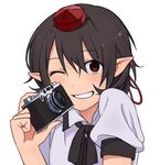  black_hair bow bowtie camera grin hat looking_at_viewer one_eye_closed pointy_ears puffy_sleeves red_eyes shameimaru_aya shirt short_hair short_sleeves simple_background smile solo string tokin_hat touhou toujou_(toujou_ramen) upper_body white_background 