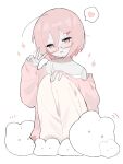  1girl absurdres ahoge animal_slippers bunny_slippers camisole full_body glasses hair_between_eyes hair_ornament hairclip heart highres hood hoodie light_smile looking_at_viewer myomuron off_shoulder original pants parted_lips pink_eyes pink_hair pink_hoodie rabbit_hair_ornament short_hair simple_background sleeves_past_wrists slippers solo spoken_heart squatting stuffed_animal stuffed_rabbit stuffed_toy v white_background white_camisole yellow_pants 
