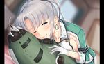  akitsushima_(kantai_collection) aoi_chizuru blurry blush breasts dakimakura_(object) depth_of_field dutch_angle earrings gloves hair_in_mouth highres jewelry kantai_collection large_breasts looking_at_viewer nishikitaitei-chan one_eye_closed pillarboxed pillow purple_eyes side_ponytail sideboob silver_hair solo 