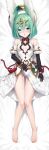  1girl absurdres aqua_eyes aqua_hair ass_visible_through_thighs barefoot bed_sheet black_gloves clothing_cutout commentary_request commission dakimakura_(medium) dress elbow_gloves gloves henria highres kuroe_(last_period) last_period legs lying navel navel_cutout on_back on_bed panties puffy_short_sleeves puffy_sleeves short_sleeves skeb_commission solo thighs toes underwear variant_set white_dress white_panties 