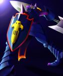  armor bandai craniamon darkness digimon full_armor horns kazkazkaz monster royal_knights simple_background solo weapon 