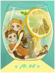  1boy 1girl amai_shirou blonde_hair blush brown_boots brown_eyes brown_hair brown_pants brown_shirt cup dated food fruit high_heels highres in_container in_cup kasugano_urara_(yes!_precure_5) layered_sleeves lemon lemon_slice lemonade long_hair long_sleeves necktie open_mouth orange_shirt pants precure red_necktie shirt short_hair short_over_long_sleeves short_sleeves signature skirt socks syrup_(yes!_precure_5) twintails wakuno_lemon yellow_eyes yellow_shirt yellow_skirt yellow_socks yes!_precure_5 yes!_precure_5_gogo! 