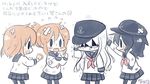  akatsuki_(kantai_collection) bandages black_legwear blush brown_hair chibi flat_cap flying_sweatdrops folded_ponytail hat hibiki_(kantai_collection) ikazuchi_(kantai_collection) inazuma_(kantai_collection) kantai_collection long_hair long_sleeves multiple_girls open_mouth pantyhose pleated_skirt purple_hair school_uniform serafuku shaded_face short_hair simple_background skirt solid_oval_eyes sweatdrop translation_request triangle_mouth white_background yuzuki_gao 