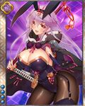  animal_ears artist_request blush breasts bunny_ears bunnysuit card_(medium) cleavage cloak contrapposto covered_navel cowboy_shot fishnet_pantyhose fishnets garter_straps jpeg_artifacts katana large_breasts long_hair official_art open_mouth orange_eyes pantyhose purple_background purple_hair sengoku_bushouki_muramasa sheath sheathed shippou_(pattern) solo standing sword thighhighs toudou_takatora_(sengoku_bushouki_muramasa) very_long_hair weapon 