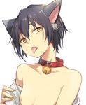  animal_ears aobe_mahito bell black_hair cat_ears catboy collar commentary_request male_focus nipples original otoko_no_ko short_hair simple_background solo tongue tongue_out white_background yellow_eyes 