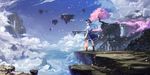  blue_hair boots bow cherry_blossoms cloud cloudy.r day dress floating_island hat hinanawi_tenshi landscape layered_dress long_hair outdoors petals rock scenery skirt sky solo sword_of_hisou touhou tree weapon wind 