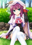  angel_beats! bush cape company_connection cosplay grass green_eyes hat highres key_(company) light_rays little_busters! long_hair noumi_kudryavka noumi_kudryavka_(cosplay) purple_hair school_uniform sitting smile solo soraeda stone sunbeam sunlight thighhighs tree yuri_(angel_beats!) 