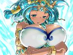  armlet bangle bare_shoulders blue_eyes blue_hair blush bracelet breasts circlet cleavage covered_nipples crossed_arms dark_skin earrings eyebrows feathers hair_feathers hair_ornament hoop_earrings huge_breasts iyoda_mato jewelry puzzle_&amp;_dragons sarasvati_(p&amp;d) short_hair solo thick_eyebrows upper_body 