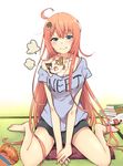  ahoge aobe_mahito bare_shoulders barefoot blue_eyes blush book cat clothes_writing fang fang_out long_hair looking_at_viewer off_shoulder original pink_hair shirt smile solo t-shirt very_long_hair 