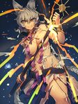  blonde_hair bracelet breast_squeeze breasts cleavage exploding_clothes groin highres jewelry large_breasts looking_at_viewer melon22 no_bra no_panties pointy_ears scabbard sheath shirt silver_hair skirt smile solo sword torn_clothes torn_shirt torn_skirt touhou toyosatomimi_no_miko unsheathing weapon yellow_eyes 