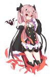  :p arukanu bare_shoulders bat boots bow breasts brooch buttons choker cleavage cleavage_cutout cropped_legs detached_collar detached_sleeves dress feathers flat_chest goekawa hair_between_eyes highres jewelry krul_tepes long_hair long_sleeves looking_at_viewer monster one-eyed owari_no_seraph pink_hair pointy_ears red_bow red_eyes simple_background sleeves_past_wrists solo thigh_boots thighhighs tongue tongue_out two_side_up white_background 