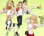  1girl :o ahoge arm_at_side arm_support backwards_hat bad_id bad_pixiv_id baseball_cap black_footwear black_hat black_legwear black_pants black_shorts blonde_hair blue_jacket blue_shorts blush bracelet breasts casual cellphone clothes_around_waist covered_mouth cross-laced_footwear eating food front-tie_top green_background green_eyes green_footwear groin hair_through_headwear hamburger hand_up hat holding holding_food holding_phone hoshii_miki idolmaster idolmaster_(classic) invisible_chair jacket jewelry leg_up long_hair looking_at_viewer medium_breasts midriff multiple_views navel one_eye_closed outstretched_arm own_hands_together pants pants_rolled_up phone pinky_out ponytail profile puckered_lips raglan_sleeves red_sleeves rod_(rod4817) self_shot shirt shoes short_shorts short_sleeves shorts sidelocks signature sitting sleeves_folded_up sleeves_rolled_up smartphone smile sneakers socks standing standing_on_one_leg star sunglasses t-shirt taking_picture tied_jacket v v_arms watch white_shirt wristband wristwatch yellow_eyes yellow_footwear 