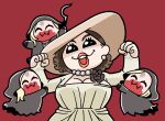  4girls :3 ^_^ alcina_dimitrescu bela_dimitrescu bkub black_flower blonde_hair blood_on_mouth breasts brown_hair brown_hat cassandra_dimitrescu cleavage clenched_hands closed_eyes closed_mouth commentary corsage daniela_dimitrescu dress earrings eyelashes fangs flower hands_up hat holding_sickle hood hood_up jewelry large_breasts multiple_girls necklace no_nose open_mouth pearl_earrings pearl_necklace red_background red_lips resident_evil resident_evil_village short_hair sickle simple_background smile sun_hat teeth upper_teeth_only white_dress 