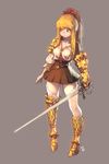  absurdres armor armored_boots armored_dress asymmetrical_legwear belt blonde_hair blue_eyes boots commentary dicorndl full_body grey_background hair_ornament high_ponytail highres long_hair original simple_background skirt solo standing sword thighhighs weapon white_legwear zettai_ryouiki 