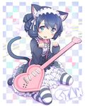  animal_ears bell blue_eyes blue_hair blush bow bowtie cat_ears cat_tail character_name checkered checkered_background cyan_(show_by_rock!!) drill_hair guitar headdress heart heart_guitar instrument looking_at_viewer paw_pose ransusan show_by_rock!! smile solo strawberry_heart striped striped_legwear tail thighhighs 